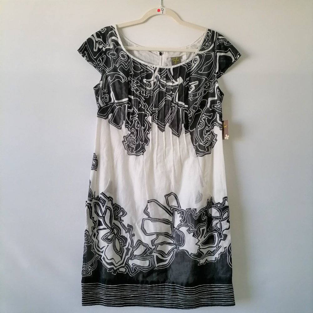 NWT Taylor Womens Black White Printed Cap Sleeve Pleated Shift Dress Size 8